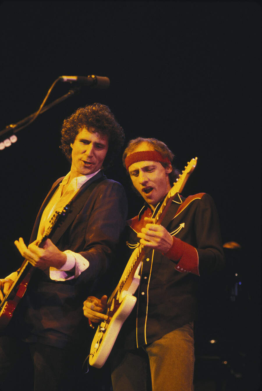John Illsley and Mark Knopfler of Dire Straits performing at Madison Square Garden in New York City on October 12, 1985