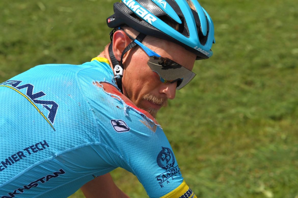 Magnus Cort (Astana) showing the effects of a crash