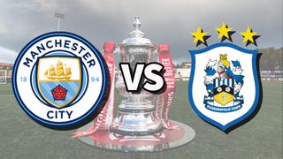 Man City and Huddersfield Town football club logos over an image of the FA Cup Trophy