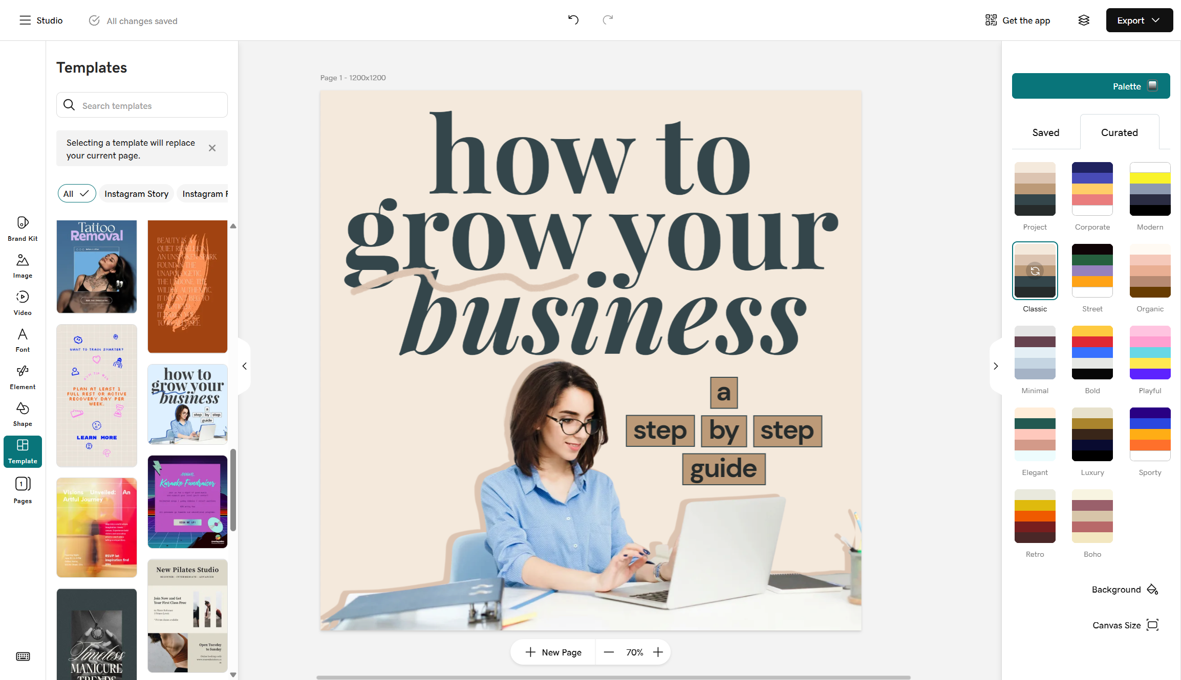 Screenshot of GoDaddy Studio dashboard, it includes examples social post templates and color palettes.