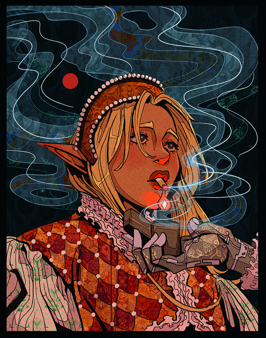 Digital character art that takes influences from Art Nouveau showing a female figure