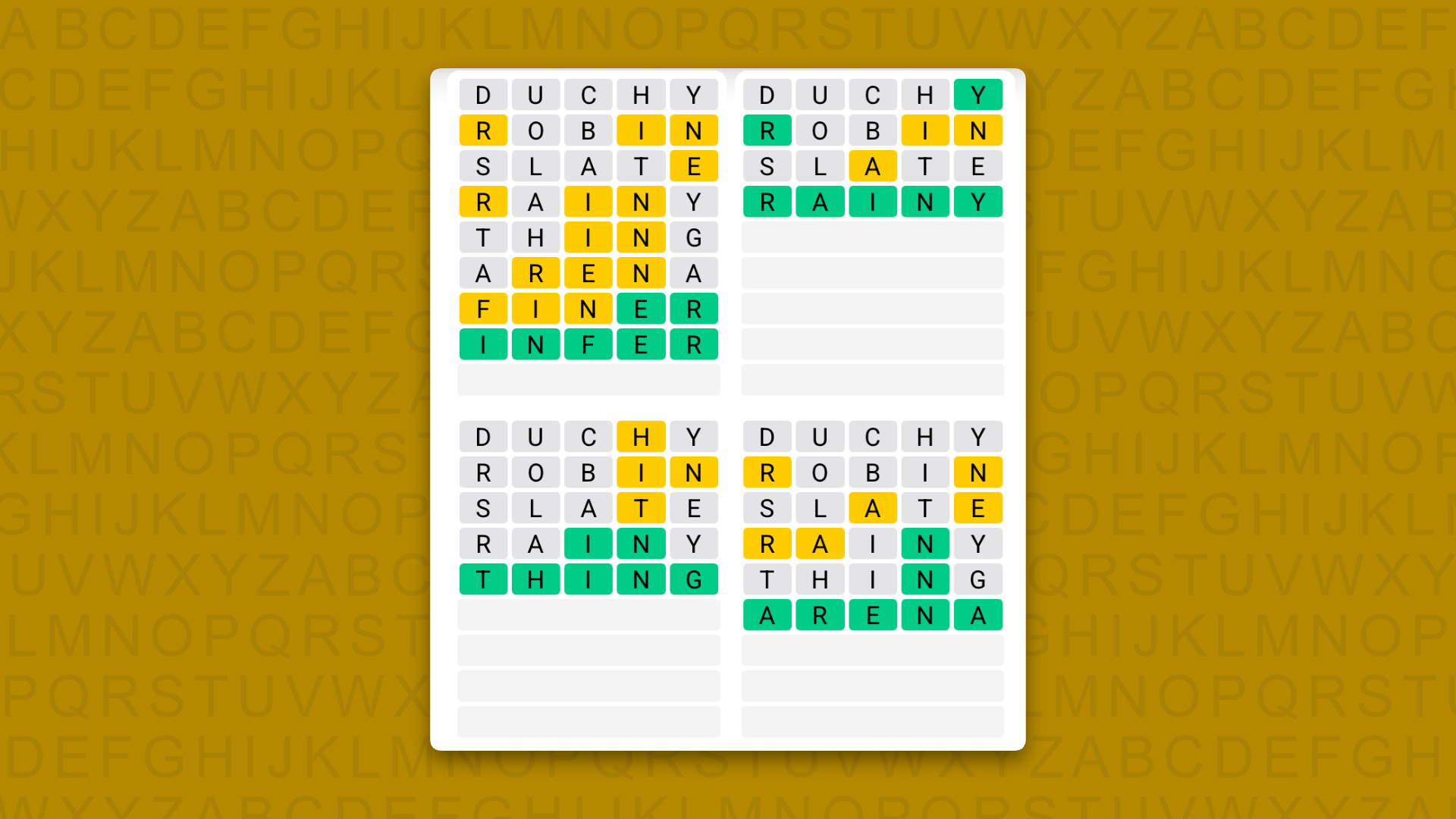 Quordle answers for game 1714 on a yellow background