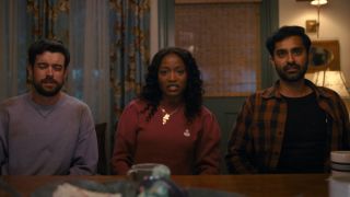 Rob (Jack Whitehall), Samira (Keke Palmer) and Naveen (Kapil Talwalkar) are interrogated on The 'Burbs.