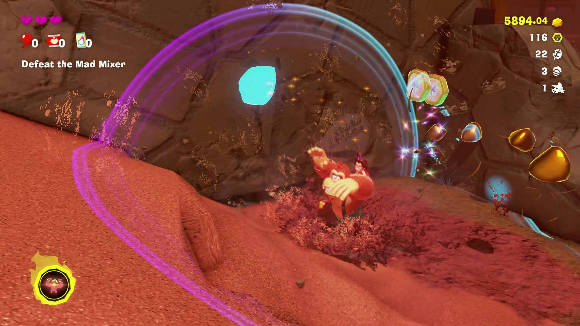 Donkey Kong Bananza hand slap sonar pulse revealing fossil in wall