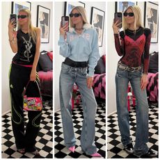 collage of Jessica Minkoff posing in mirror wearing 2000s-inspired outfits