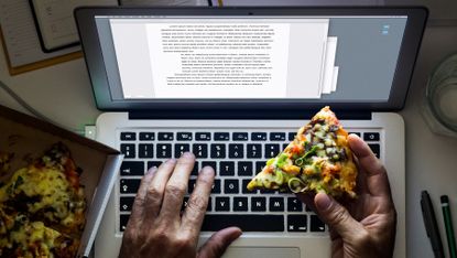 Person eats pizza late at night as they work on a laptop