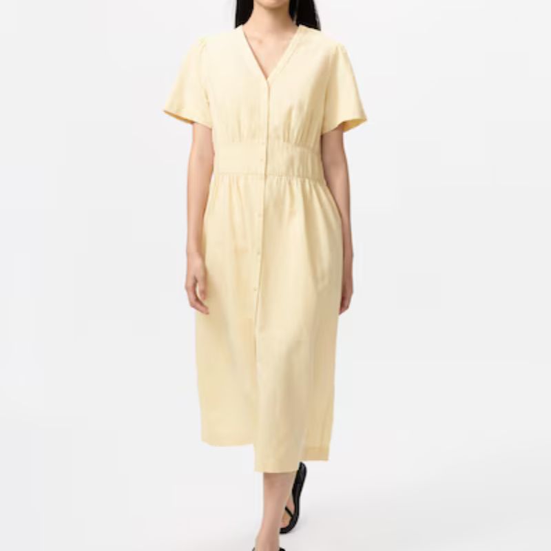 Uniqlo, Linen Blend V Neck Dress in Beige