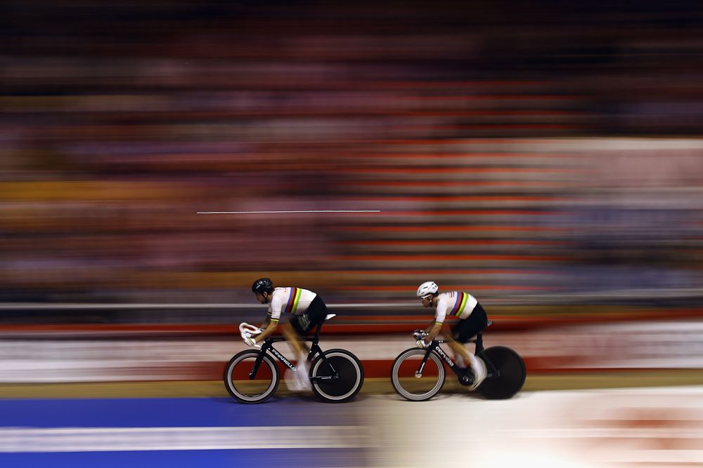 Bradley Wiggins of Great Britain leads team mate Mark Cavendish on the opening evening of the Ghent six day race