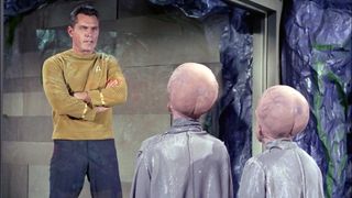 Captain Pike (Jeffrey Hunter) faces his captors, the Talosians, in the pilot episode of "Star Trek: The Original Series" called "The Cage."