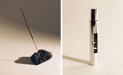 Uniform incense holder next to fragrance oil