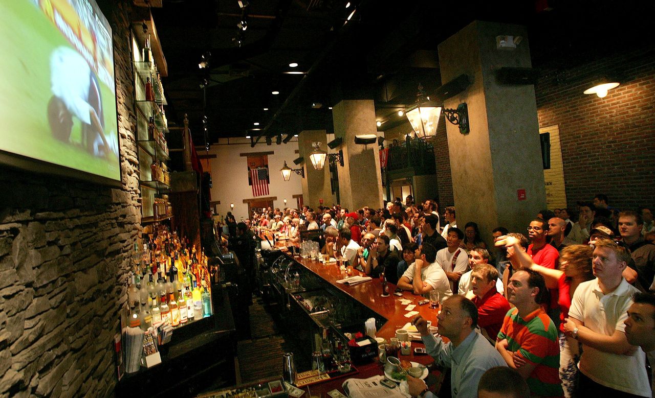 Fans watch the World Cup on television.