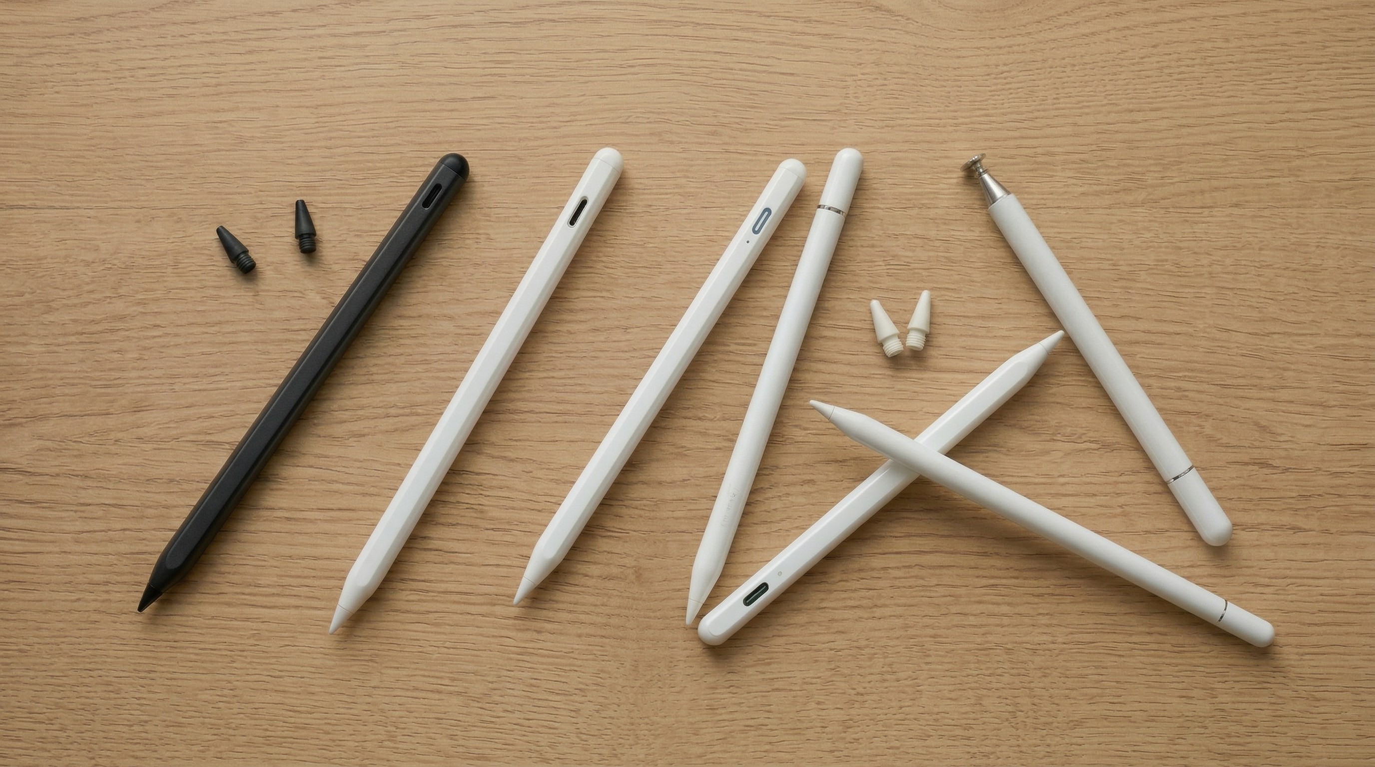 A selection of Apple Pencil alternatives arranged on a wooden table