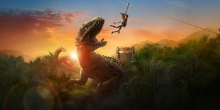Jurassic World: Camp Cretaceous the Indominous Rex looks at kids on a zipline like a snack