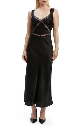 Emory Lace Trim Cutout Satin Midi Slipdress