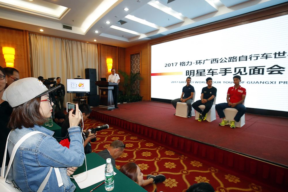 Julian Alaphilippe (QuickStep-Floors), Caleb Ewan (Orica-Scott) and Meiyin Wang Bahrain-Merida) at the Tour of Guangxi press conference