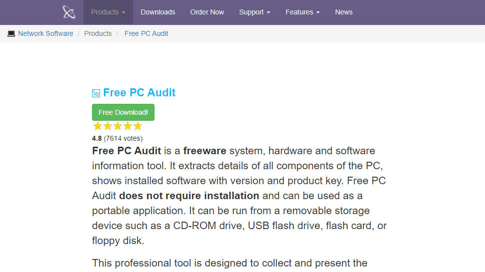 Website screenshot of Free PC Audit