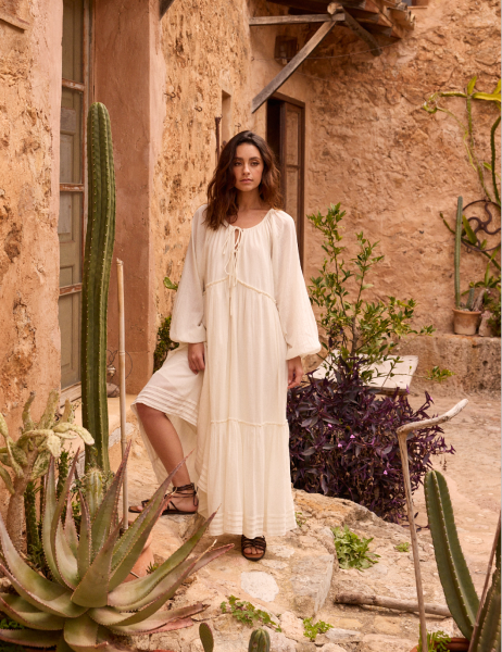 White Tie Front Balloon Sleeve Tiered Adley Midi Dress