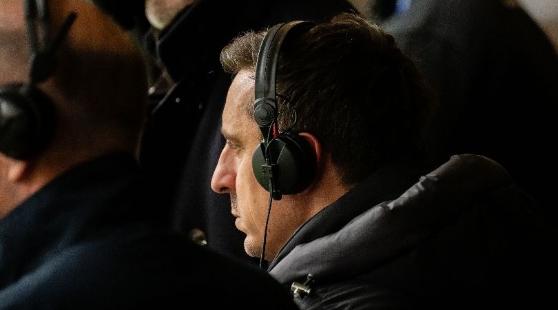 Gary Neville working as a pundit during Manchester United&#039;s Premier League game against Liverpool in April 2024.