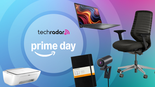 A printer, office chair, notebook, webcam, and laptop on a rainbow-colored background next to a TechRadar badge reading 'Prime Day'
