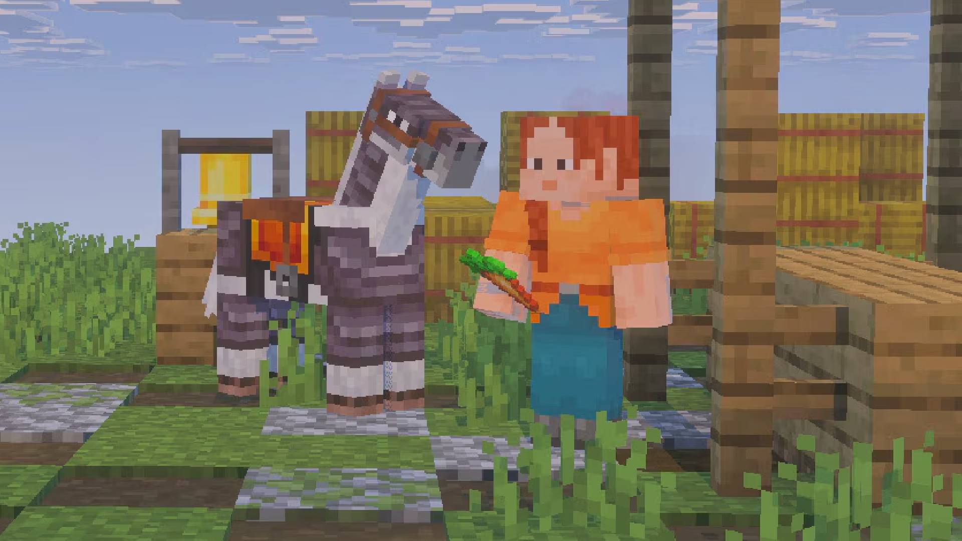 Netherite horse armor on a horse next to a player in Minecraft