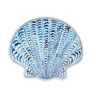 Blue and white Summer Resort Shell Picnic Platter on a white background