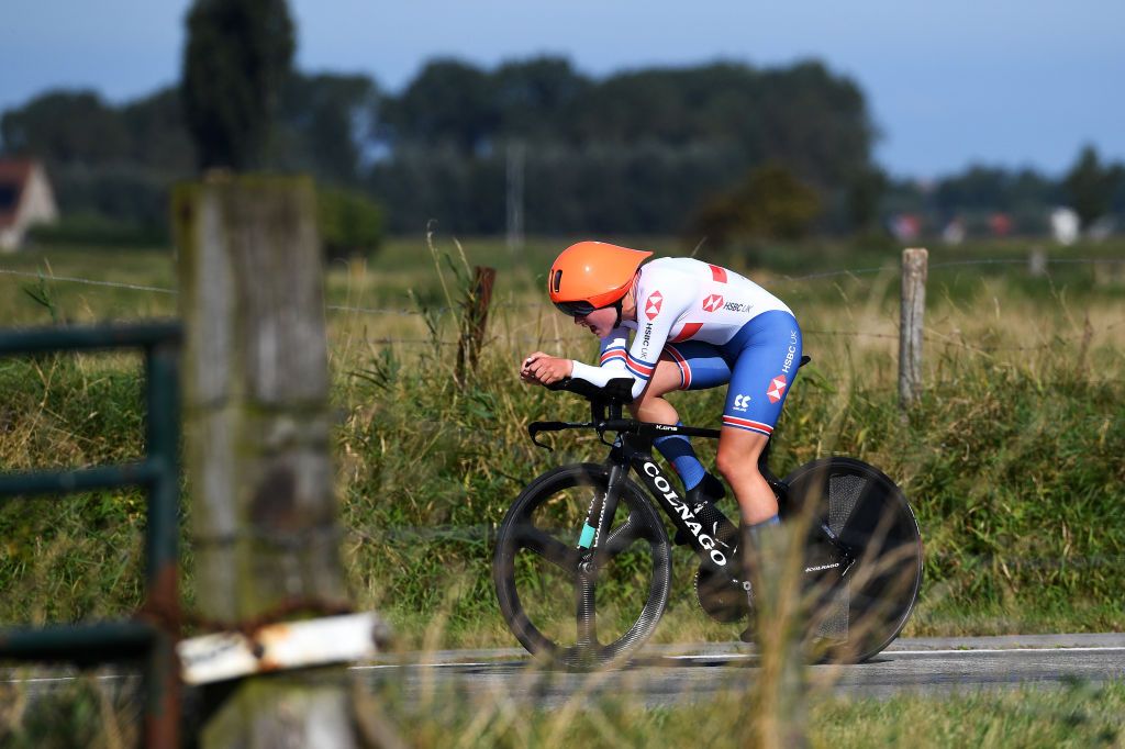 BRUGES BELGIUM SEPTEMBER 21 Zoe Bckstedt of The United Kingdom sprints during the 94th UCI Road World Championships 2021 Women Junior ITT a 193km Individual Time Trial race from KnokkeHeist to Bruges flanders2021 ITT on September 21 2021 in Bruges Belgium Photo by Tim de WaeleGetty Images
