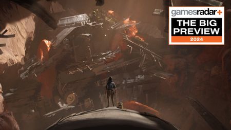 Star Wars Outlaws: Kay Vess and Nix look out over wreck with crystal-like amberine 