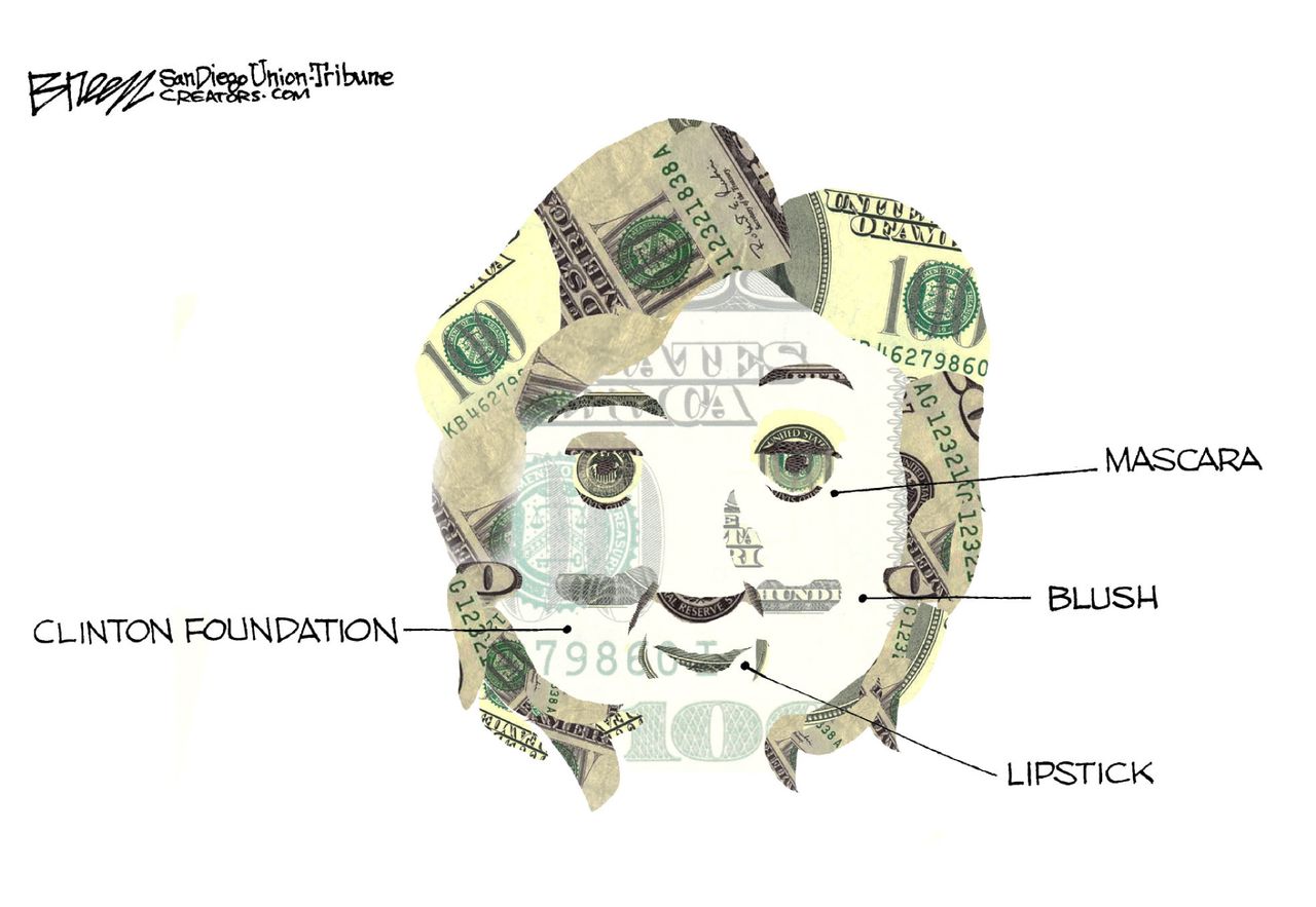 Political cartoon US election 2016 Hillary face make up