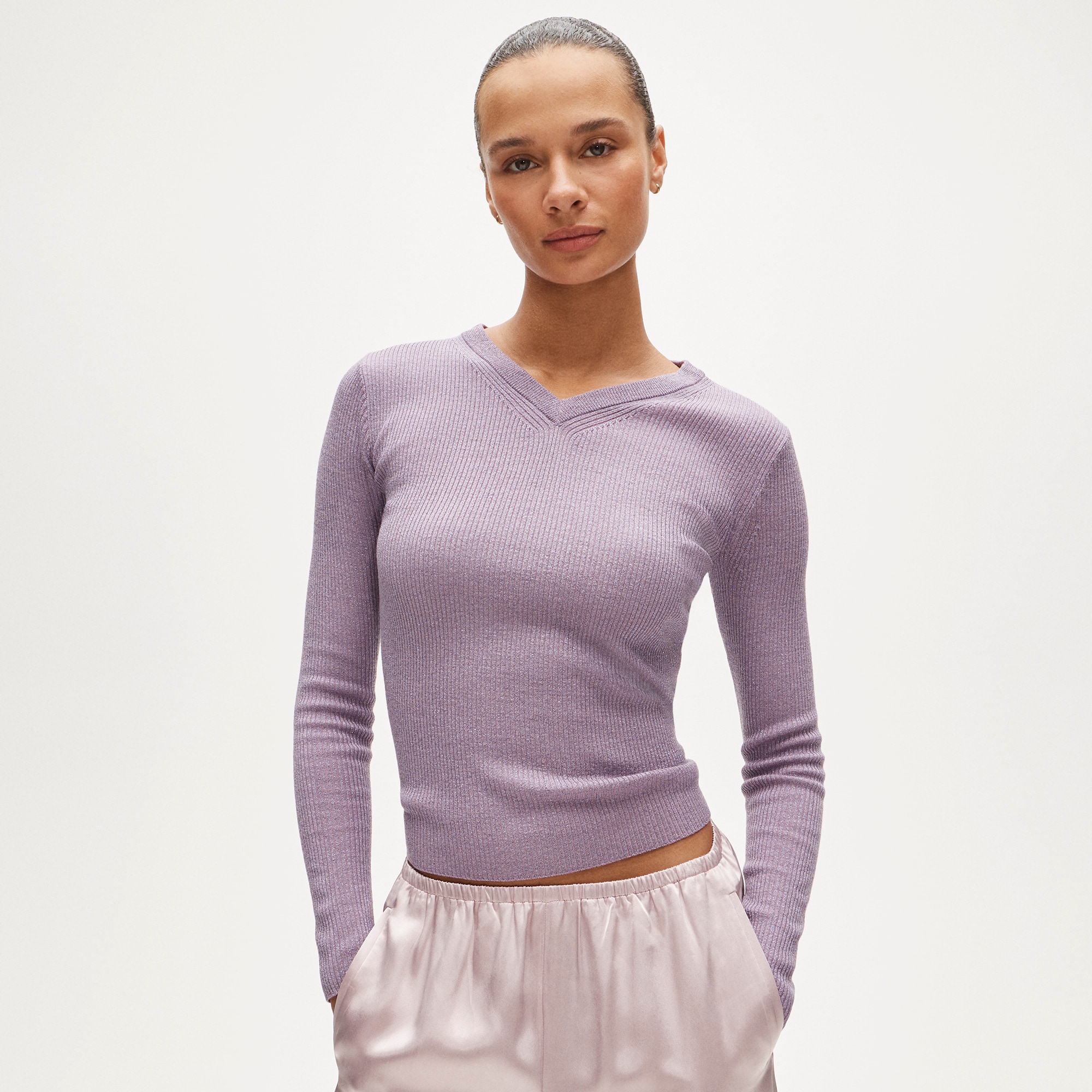 High V-Neck Fine Rib Sweater in Merino Wool With Lurex&amp;reg; Metallic Threads