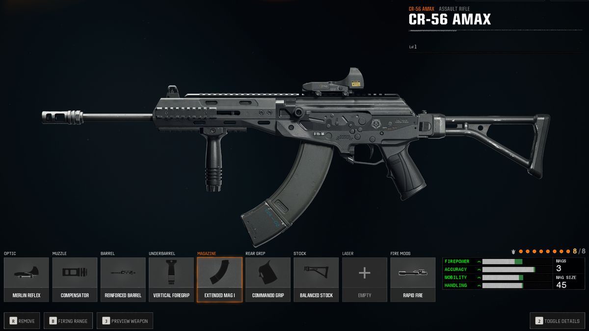 BO6 CR-56 loadout - A build for the weapon in the gunsmith, showing various equipped attachments.