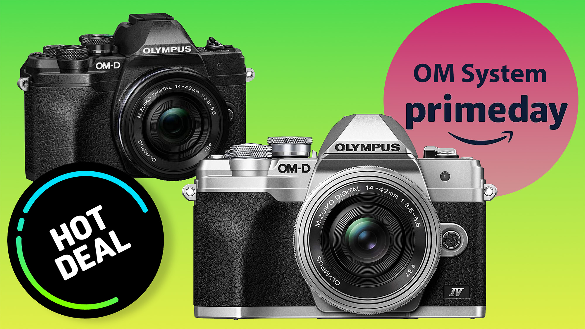 OM System / Olympus OM-D E-M10 Mark IV in silver and black on a green background with purple primeday logo and Hot Deal roundel 