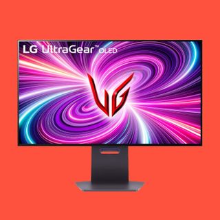 The LG UltraGear 32GS95UE on a red background