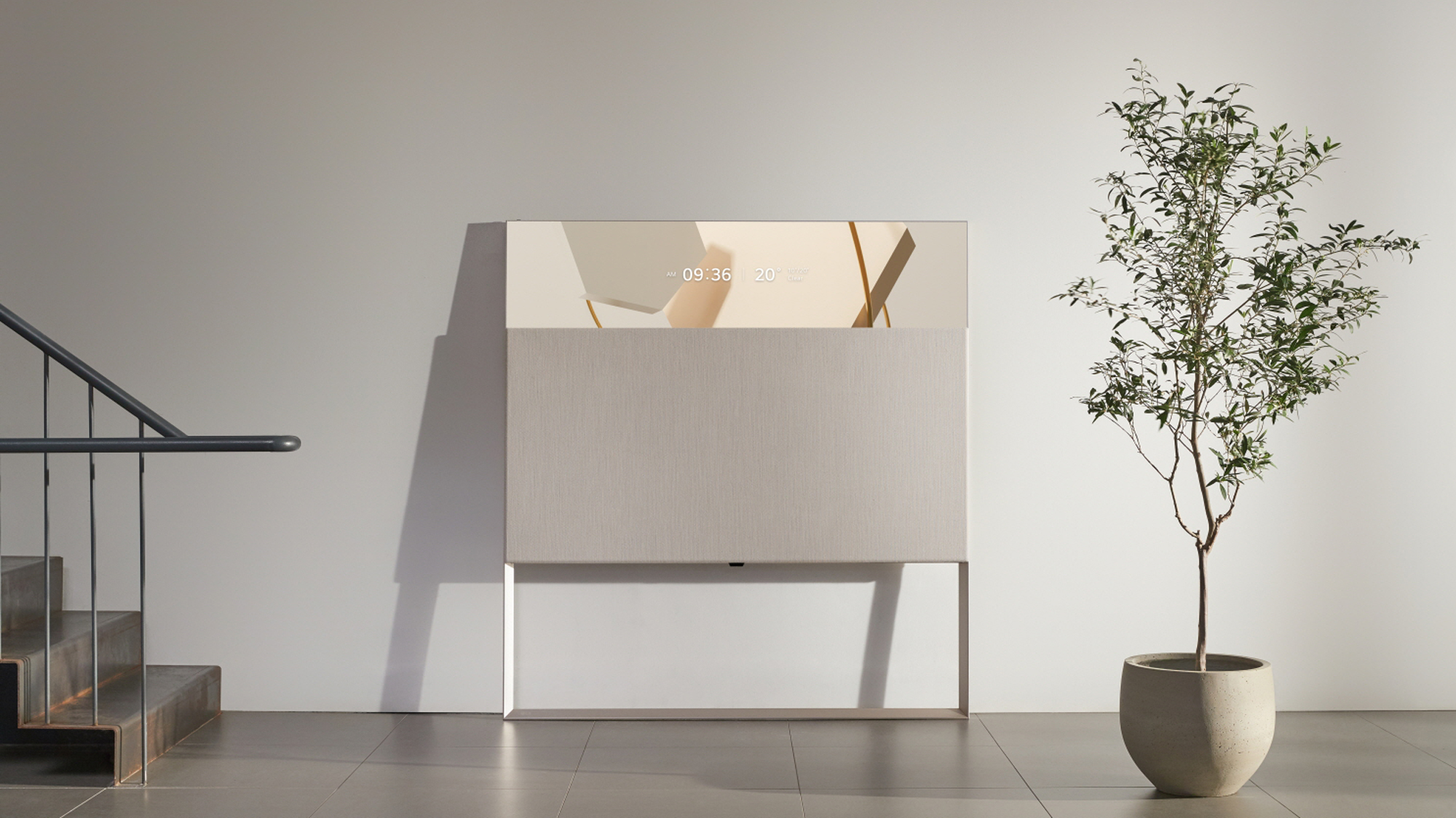 LG Objet 65Art90 with Kvadrat Beige fabric cover, showing Line Mode