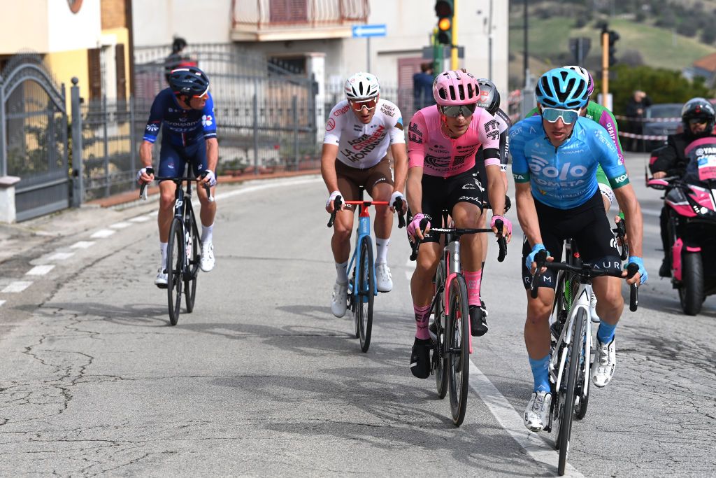 SAN BENEDETTO DEL TRONTO ITALY MARCH 12 LR Mikkel Honor Frlich of Denmark and Team EF Education Easypost and Lorenzo Fortunato of Italy and EoloKometa Cycling Team compete in the breakaway during the 58th TirrenoAdriatico 2023 Stage 7 a 154km stage from San Benedetto del Tronto to San Benedetto del Tronto UCIWT TirrenoAdriatico on March 12 2023 in San Benedetto del Tronto Italy Photo by Tim de WaeleGetty Images