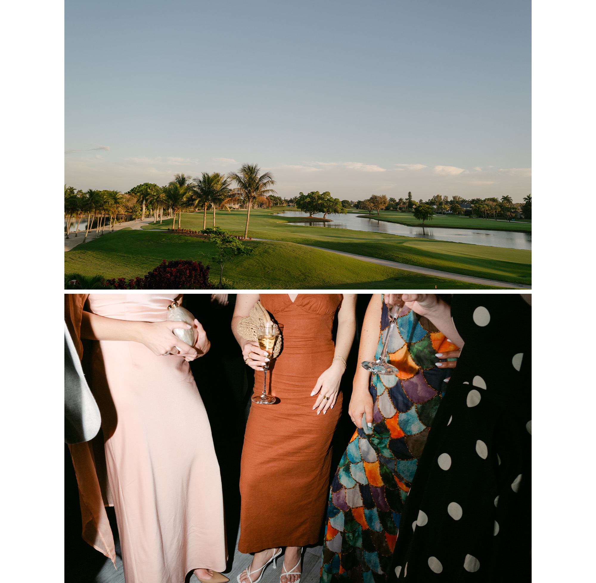 Collage of the venue scenery and guests' outfits at Kelli Orihuela and Chris Denci's wedding welcome party.