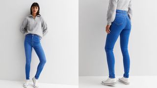 composite of model wearing New Look Blue ‘Lift & Shape’ Jenna Skinny Jeans