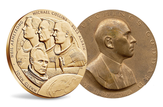 Congressional Gold Medals awarded to rocket pioneer Robert H. Goddard (1959) and astronauts John Glenn, Neil Armstrong, Buzz Aldrin and Michael Collins (2011).