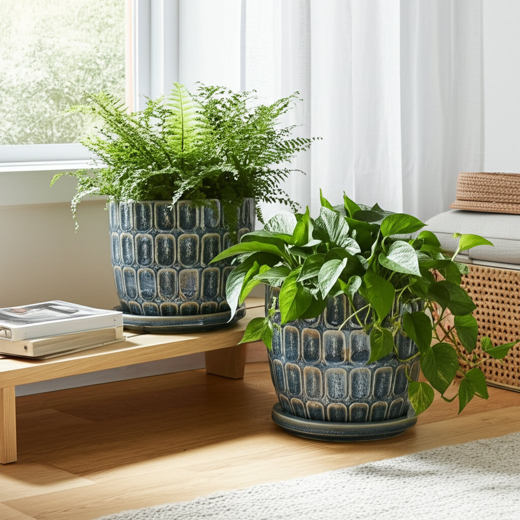 Winston Porter Stoneware and Ceramic Saucer Planters With Embossed Geometric Texture, Modern Decorative Design, Stylish Round Form, Versatile Display Accent, Set of 2 &amp;amp; Reviews | Wayfair