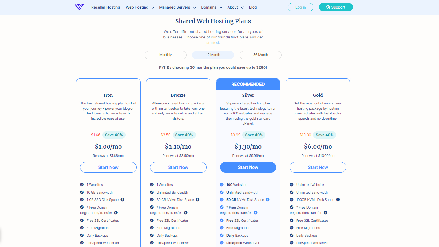 Verpex shared hosting price plans