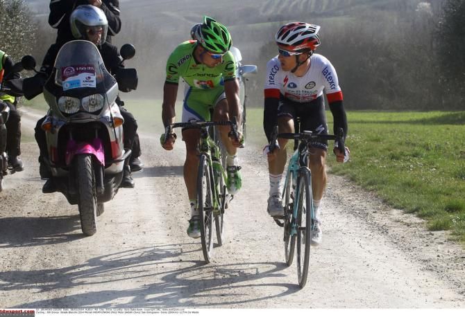 Michal Kwiatkowski (Omega Pharma-QuickStep) and Peter Sagan (Cannondale) talk as they approach the finish of Strade Bianche