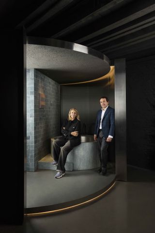 Patricia Urquiola and Gabriele Salvatori with The Small Hours bathroom collection in Salvatori's Milan showroom