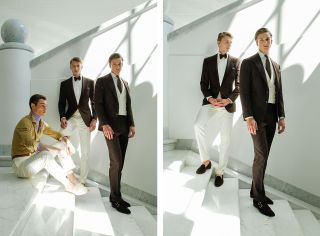 Two images of male models wearing formal wear by Ralph Lauren.