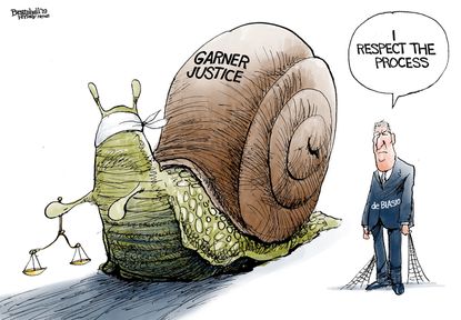 Political Cartoon Bill de Blasio Eric Garner Blind Justice Snail