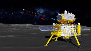 An illustration of a lunar lander with solar panels and yellow metal legs sitting on the far side of the moon