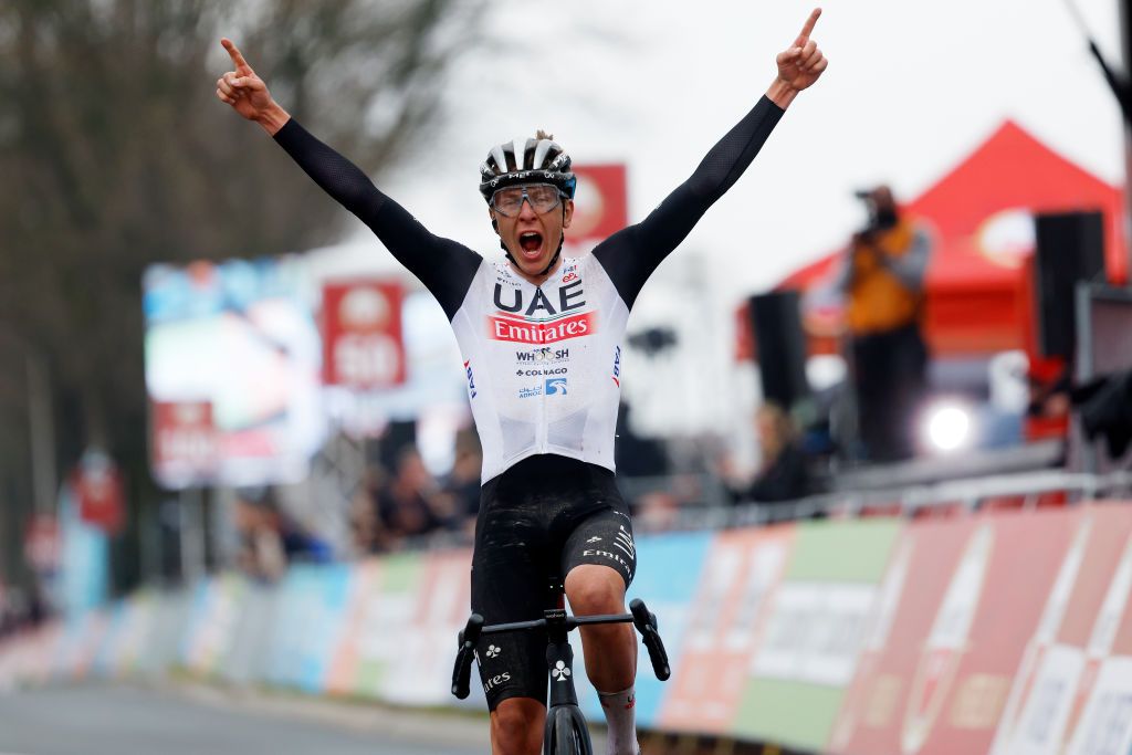Tadej Pogačar celebrates his Amstel Gold Race win
