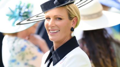 Zara Tindall, wearing a black and white outfit, attends day three of Royal Ascot at Ascot Racecourse on June 19, 2025 