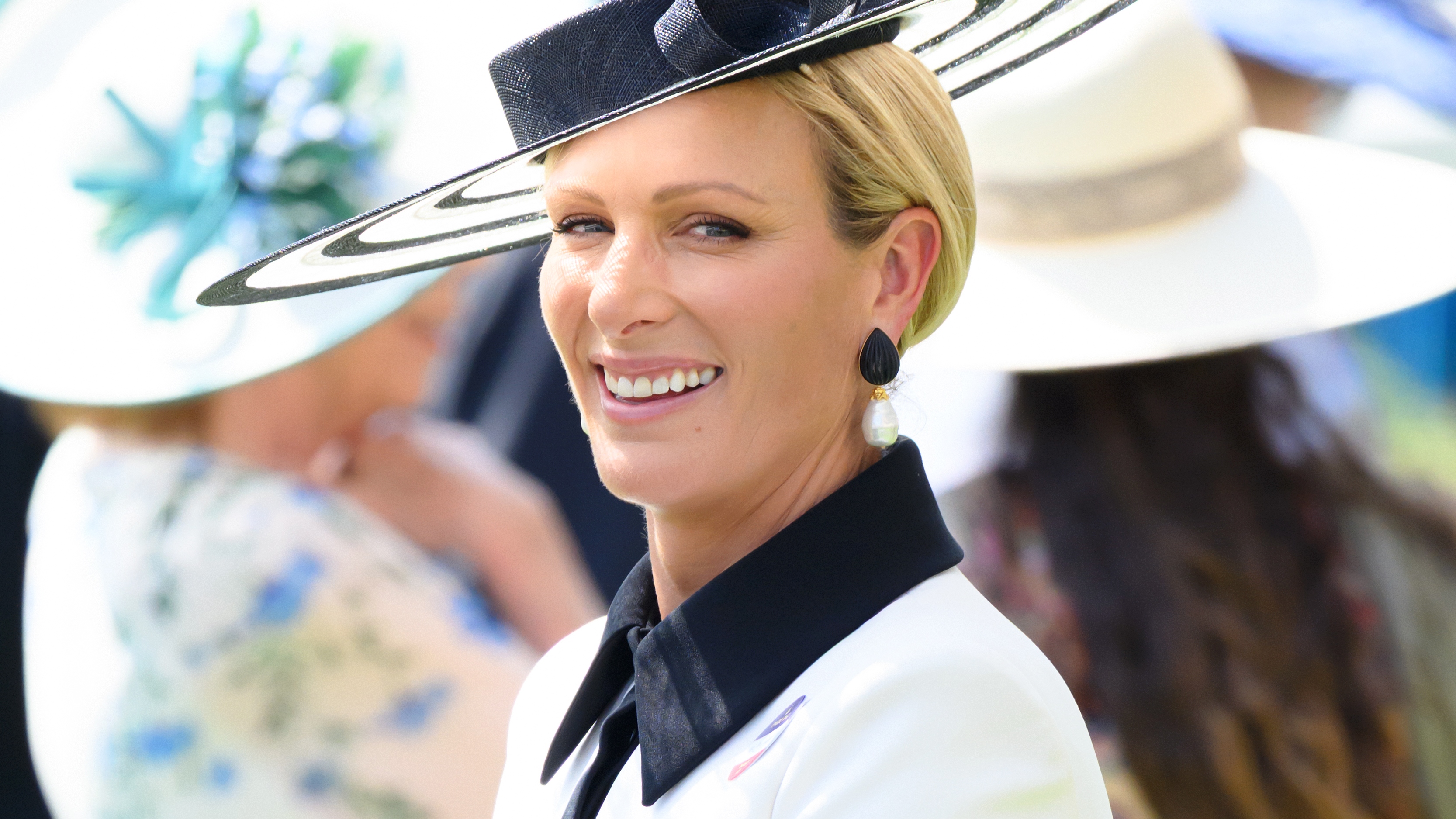 Zara Tindall, wearing a black and white outfit, attends day three of Royal Ascot at Ascot Racecourse on June 19, 2025 
