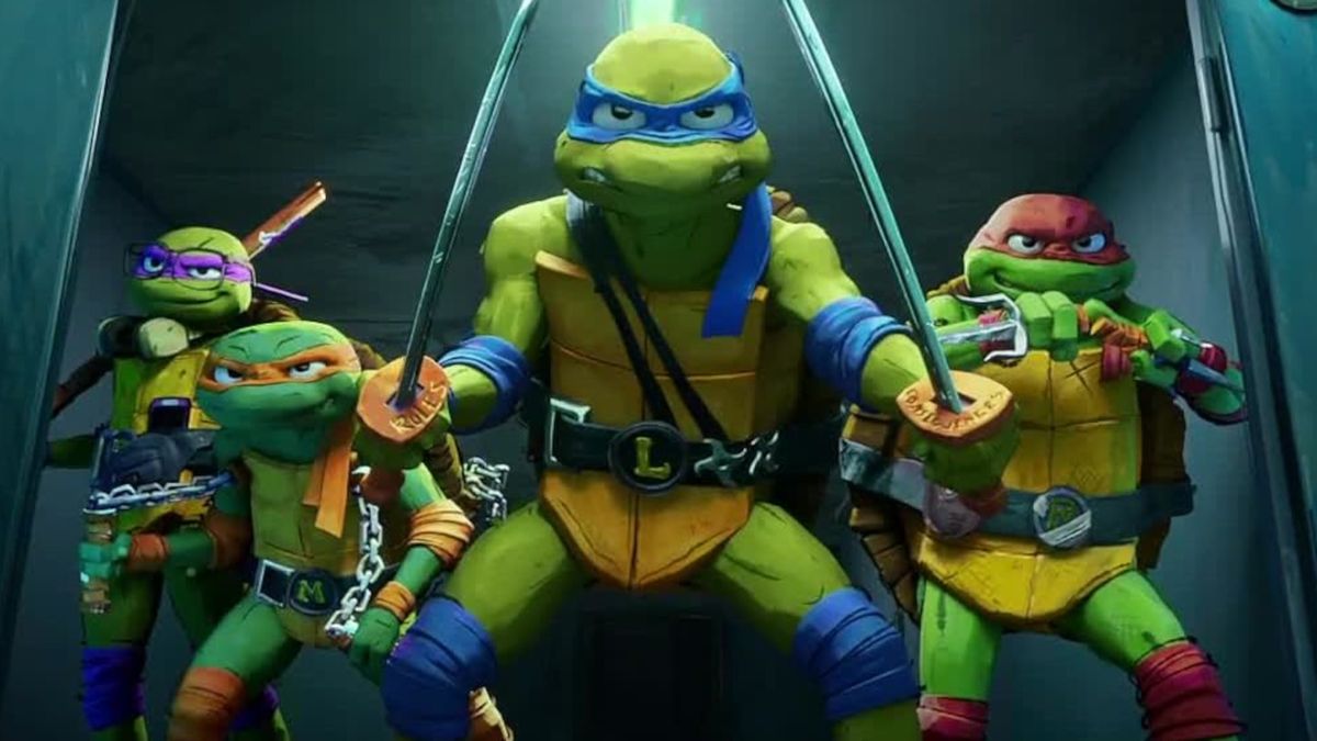 Best movies on Amazon Prime: An image of Donatello, Michelangelo, Leonardo and Raphael in Teenage Mutant Ninja Turtles: Mutant Mayhem