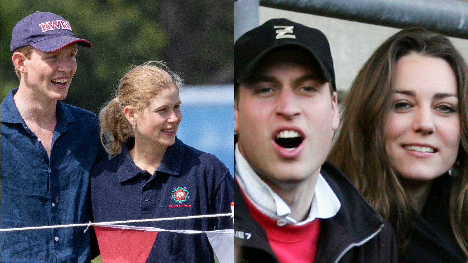 Felix da Silva-Clamp and Lady Louise Windsor wearing blue shirts and smiling next to a picture of Prince William and Kate Middleton from their 20s