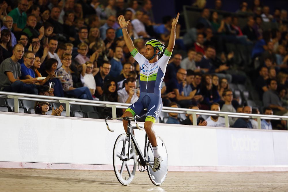 Adam Blythe (Orica-GreenEdge) reacts to the crowd prior tothe Long Lap round of the 1878 Cup during day one of the London Six Day Race